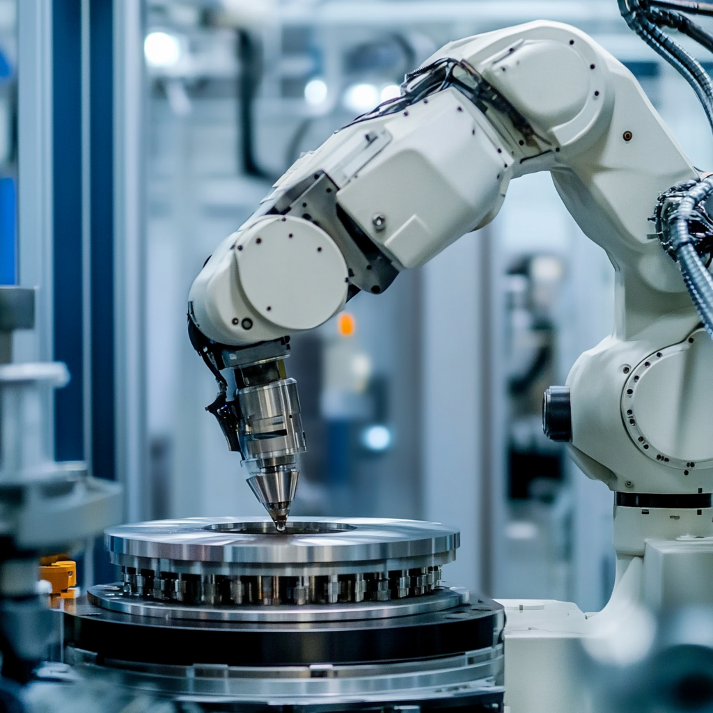 weißer Industrieroboter mit Präzisionswerkzeug