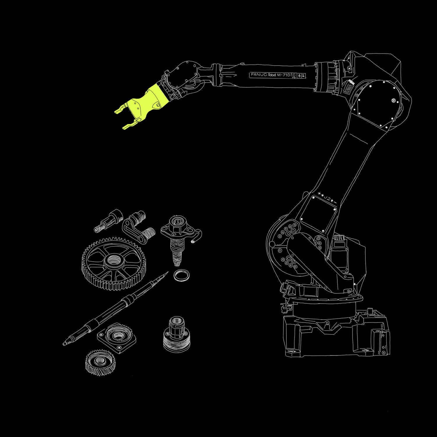 Illustration von einem Roboter und Bauteilen. Der Greifer ist farblich hervorgehoben.