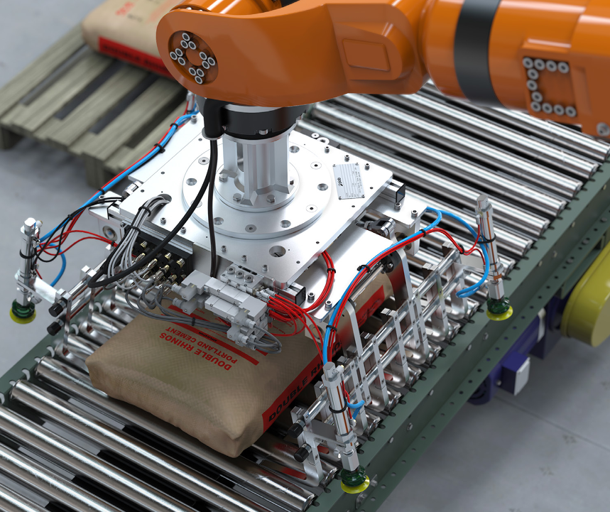 Greifer für Säcke montiert an einem Roboter über Fördertechnik. Ein Sack liegt unter dem Greifer